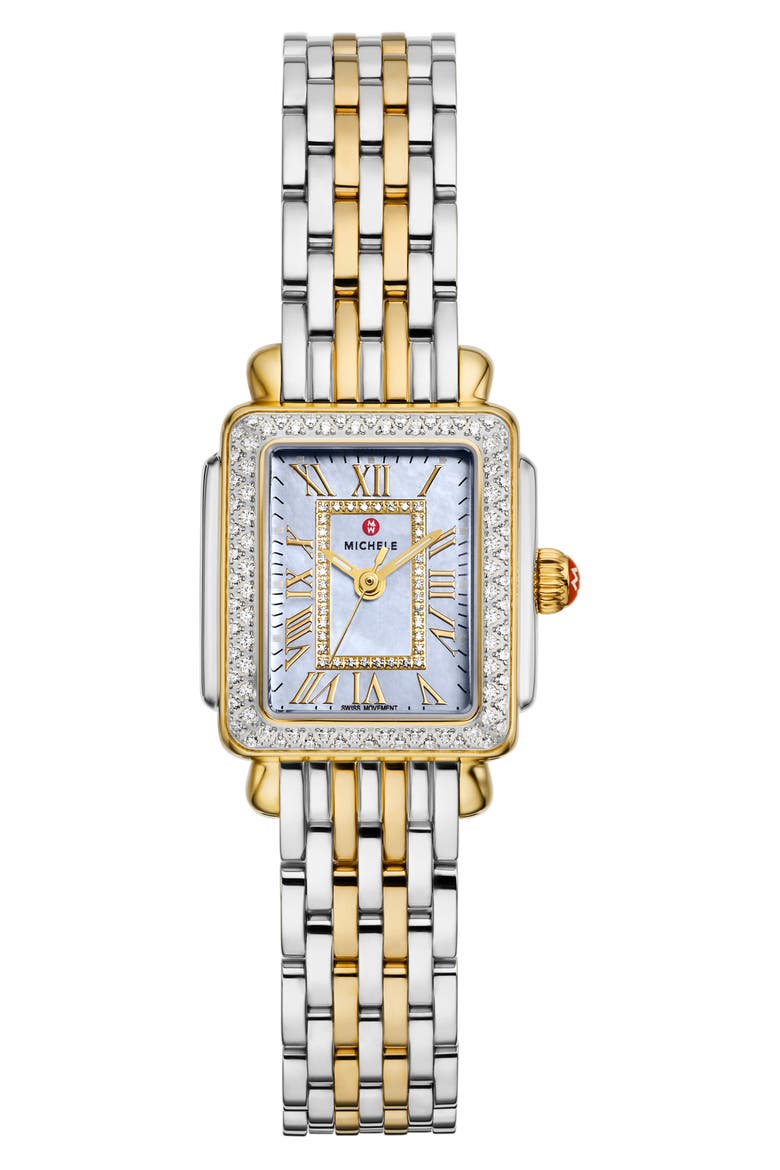 Deco Madison Mini Diamond & Mother-of-Pearl Two-Tone Bracelet Watch, 23mm x 24mm, Main, color, TWO-TONE/ BLUE