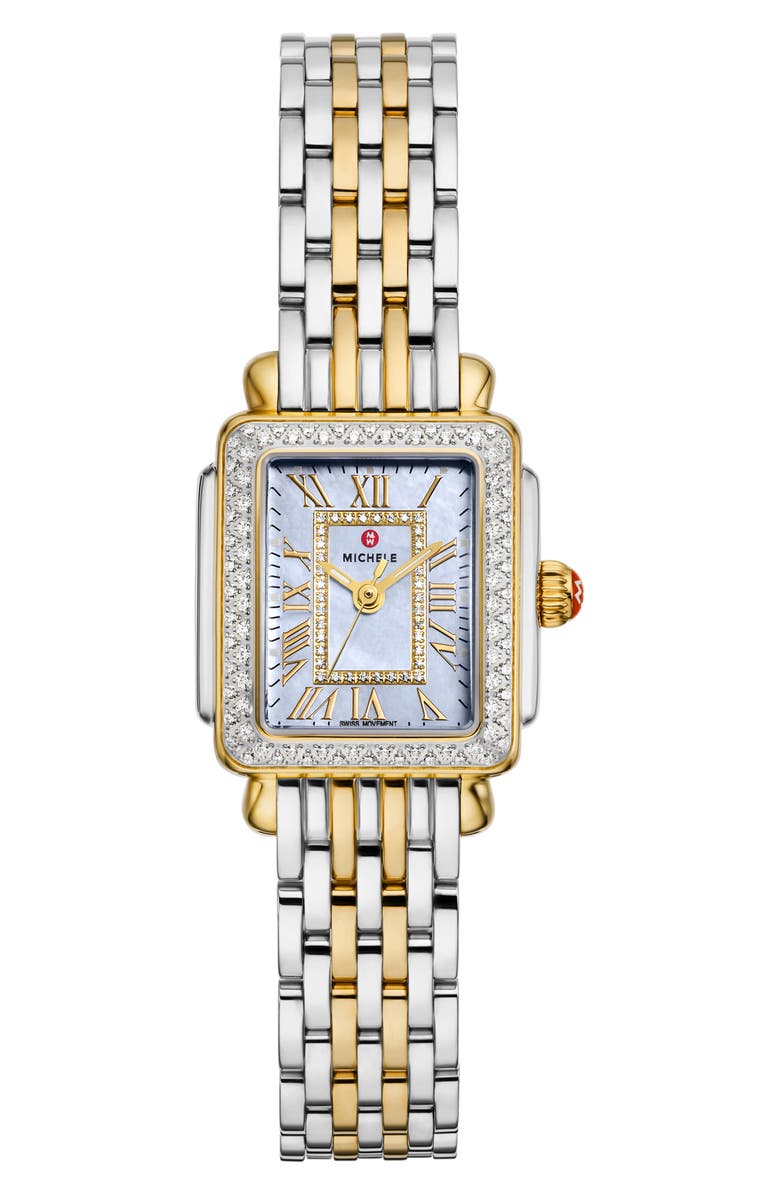 MICHELE Deco Madison Mini Diamond & Mother-of-Pearl Two-Tone Bracelet Watch, 23mm x 24mm, Main, color, Two-Tone/ Blue