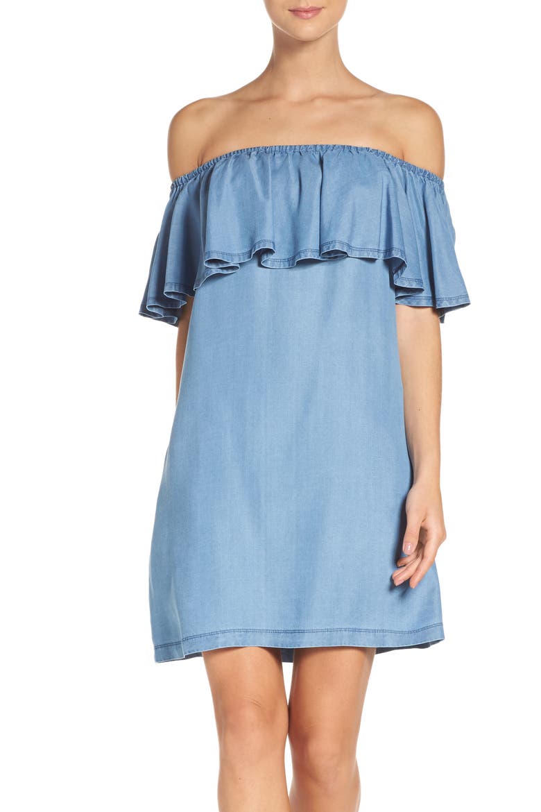 Ruffle Chambray Off the Shoulder Dress, Main, color, BLUE CHAMBRAY