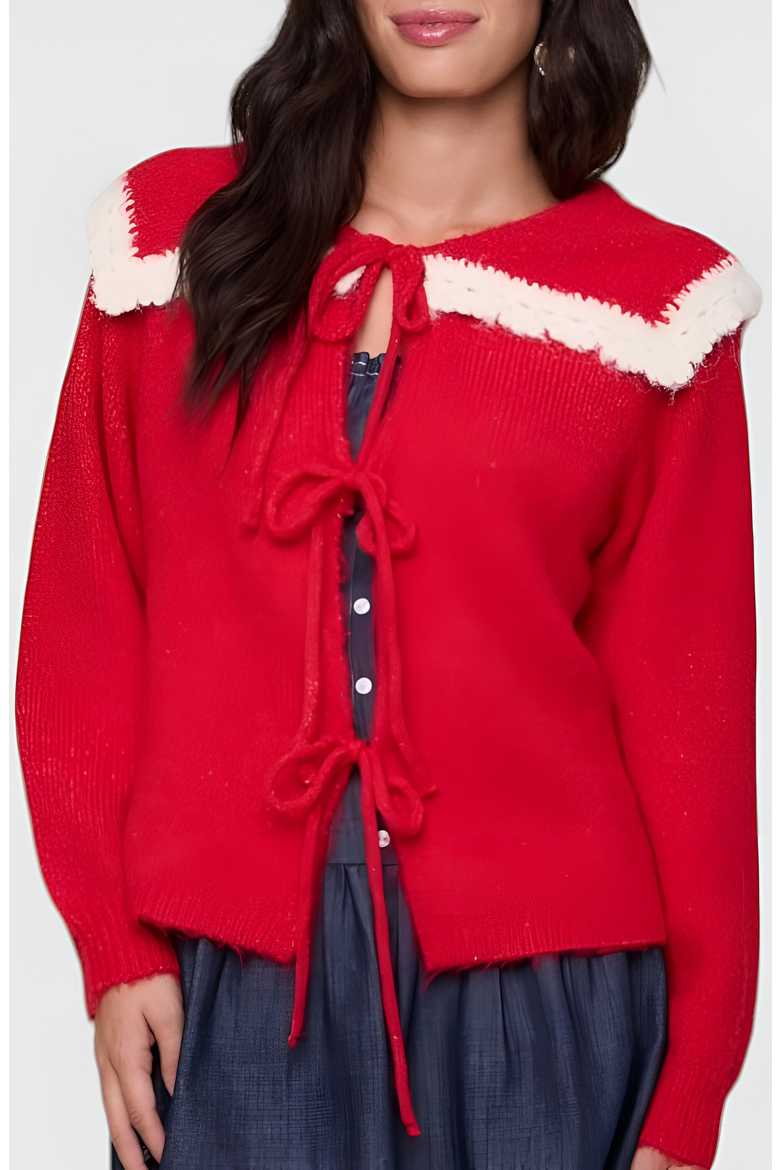 Ruffle Collar Knit Sweater with Tie-Front Closures and Contrast Trim, Alternate, color, Red