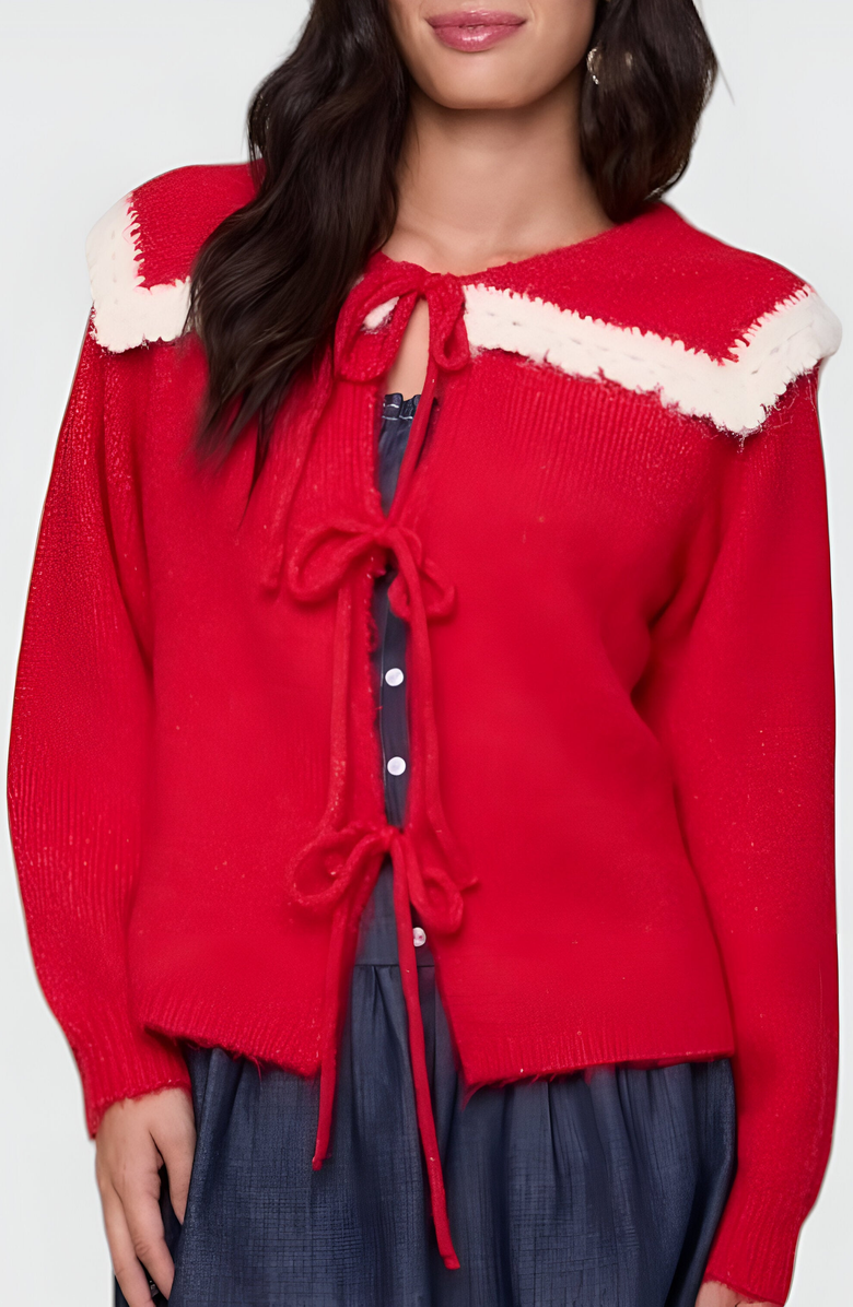 Modenaire Ruffle Collar Knit Sweater with Tie-Front Closures and Contrast Trim, Alternate, color, Red