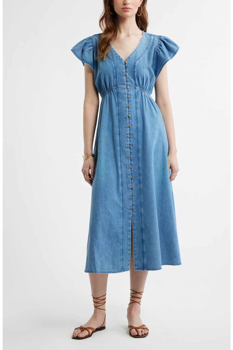 Button Front Chambray Midi Dress, Main, color, LIGHT BLUE WASH