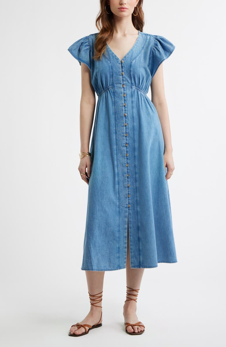 Treasure & Bond Button Front Chambray Midi Dress, Main, color, Light Blue Wash