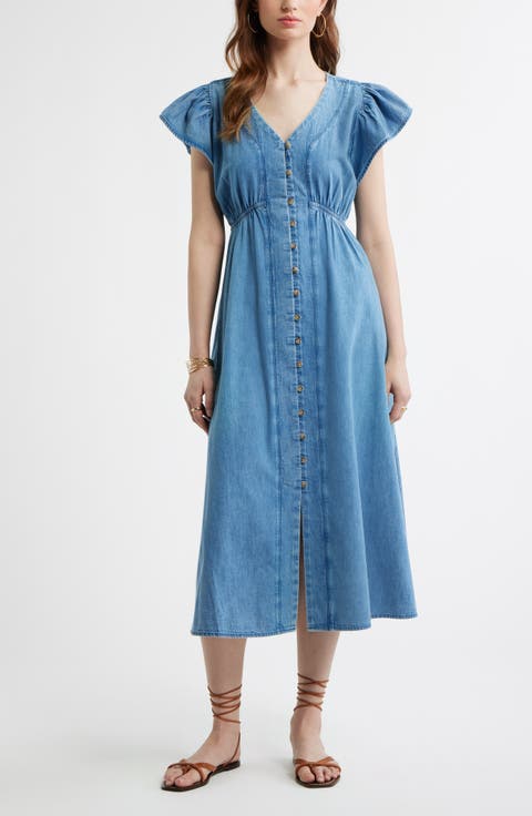 Button Front Chambray Midi Dress
