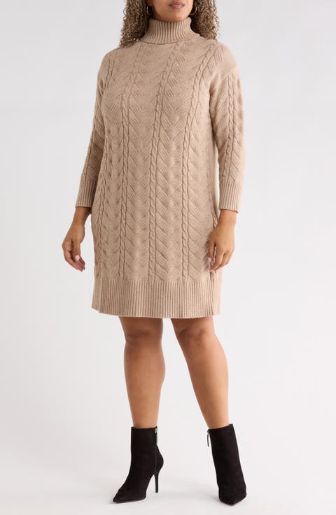 Cable Knit Turtleneck Sweater Dress