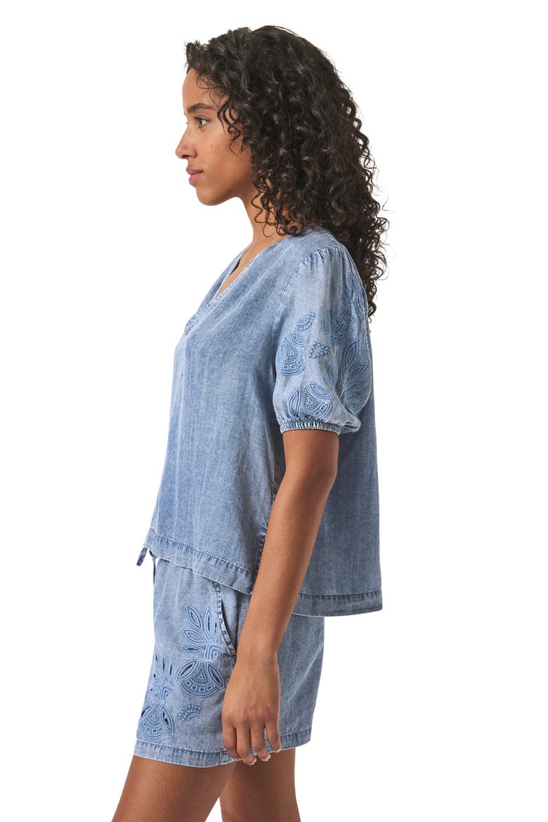 Cayden Embroidered Puff Sleeve Chambray Top, Alternate, color, INDIGO