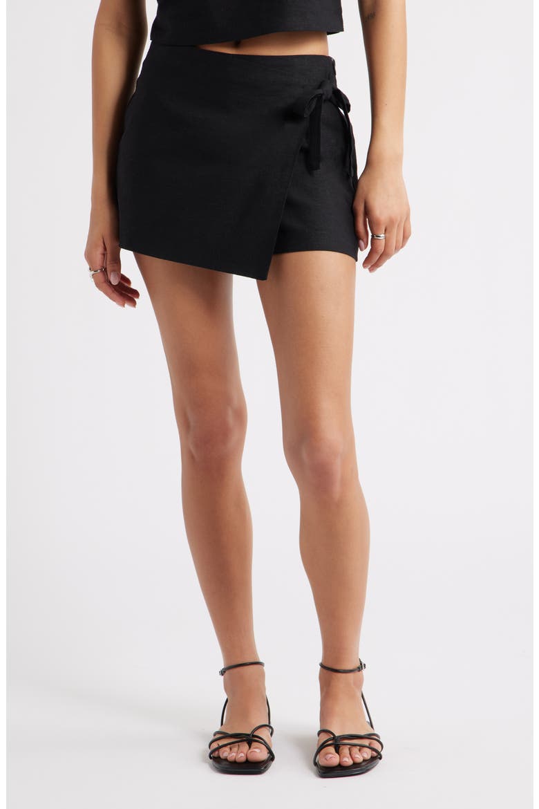 Linen Blend Wrap Skort, Main, color, BLACK