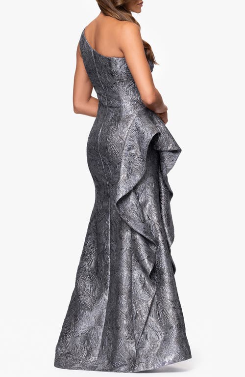 Xscape Evenings Metallic Ruffle One-shoulder Jacquard Mermaid Gown In Blue