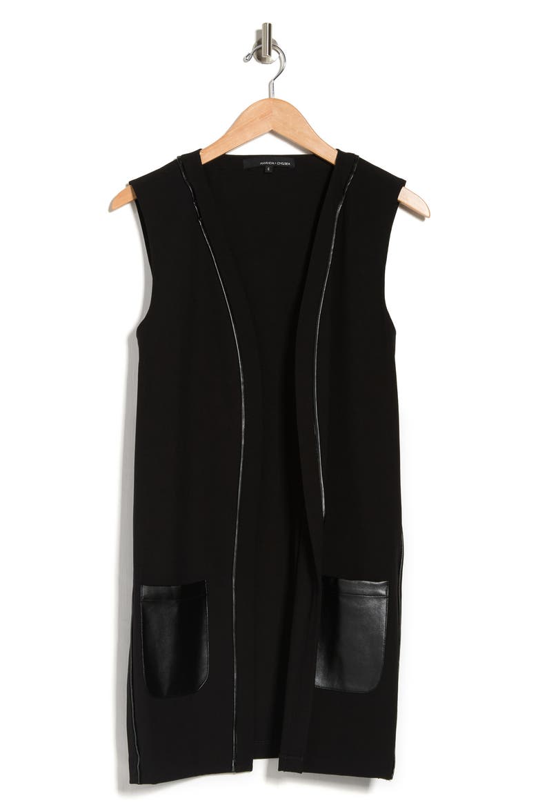 AMANDA AND CHELSEA Faux Leather Trim Patch Pocket Long Vest, Alternate, color, BLACK