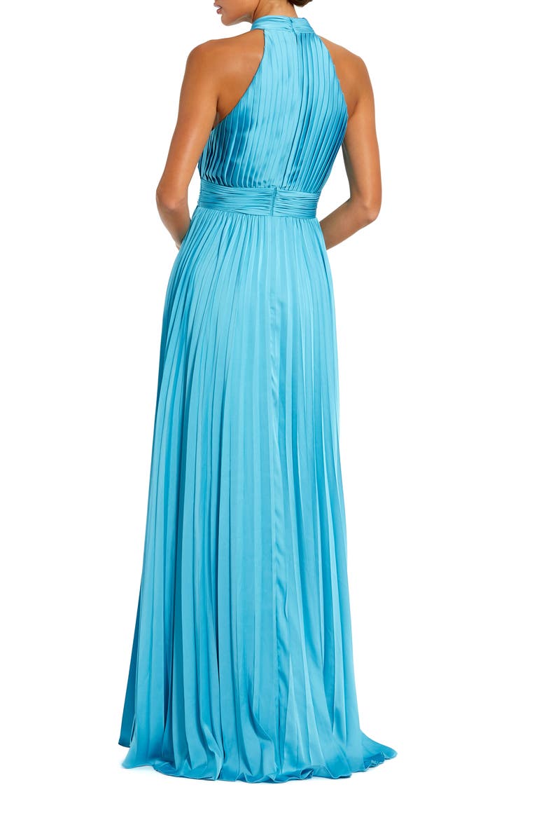 Pleated Sleeveless Halter Gown, Alternate, color, Pool Blue