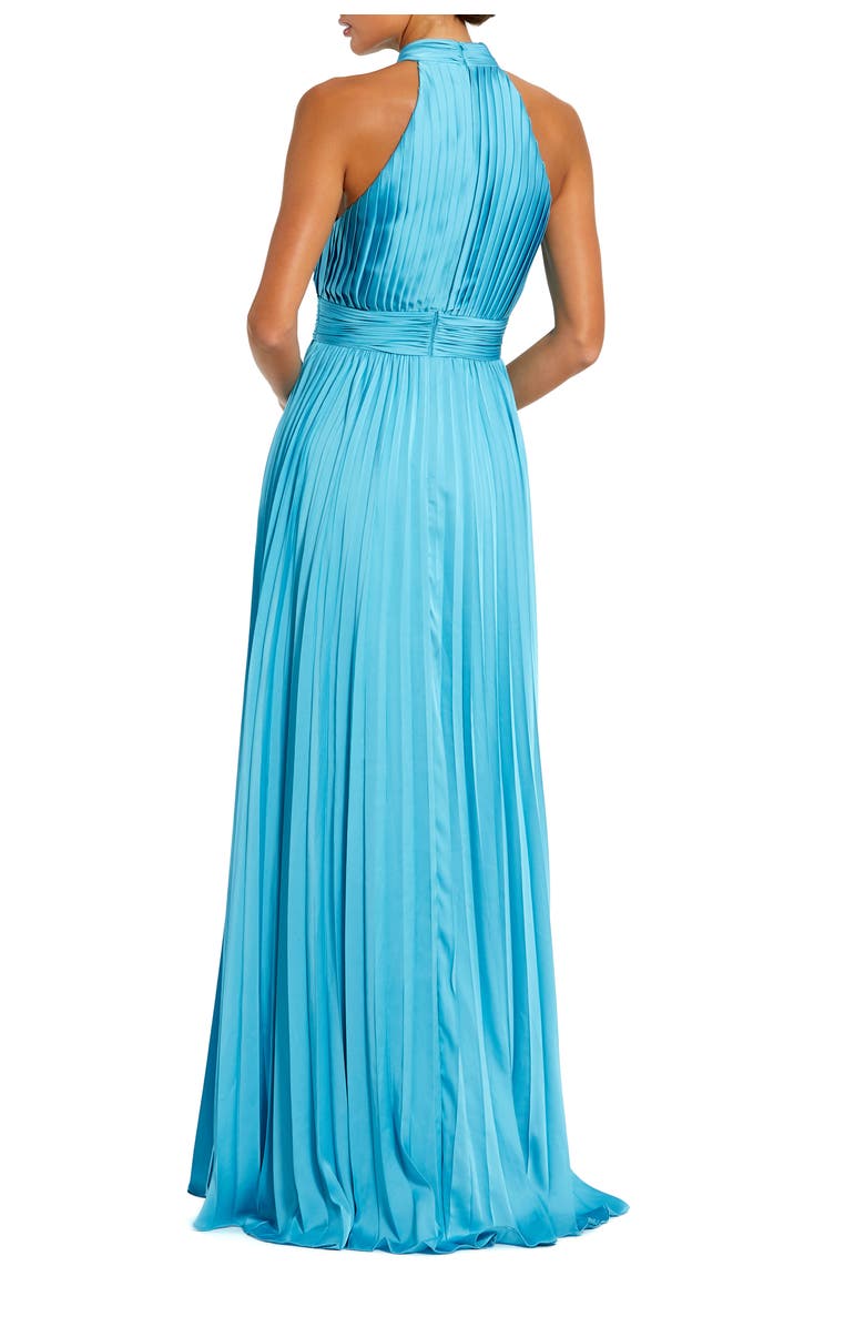 Mac Duggal Sleeveless Halter Neck Pleated Satin Gown, Alternate, color, Pool Blue