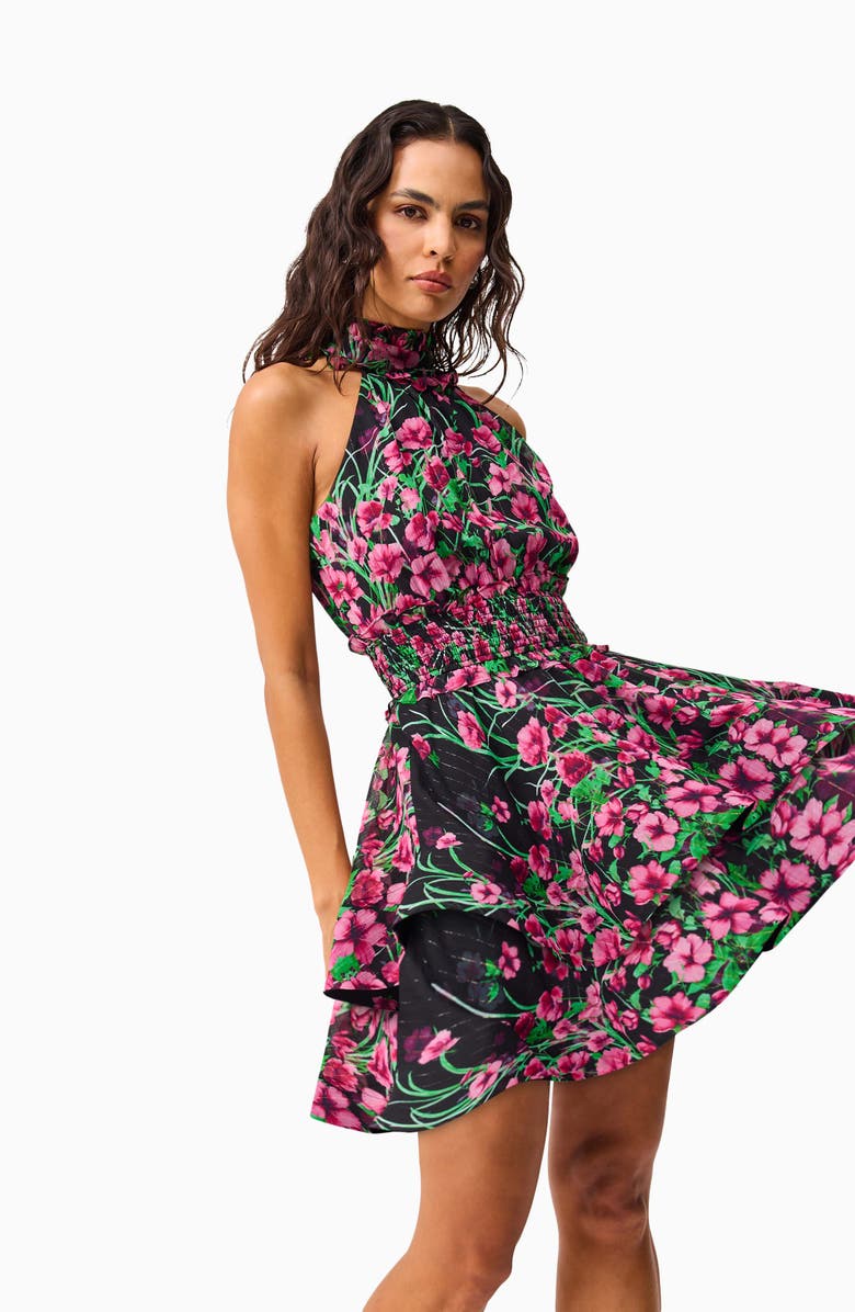 Elliatt Estelle Metallic Floral Smocked Waist Fit & Flare Minidress, Alternate, color, Black Multi