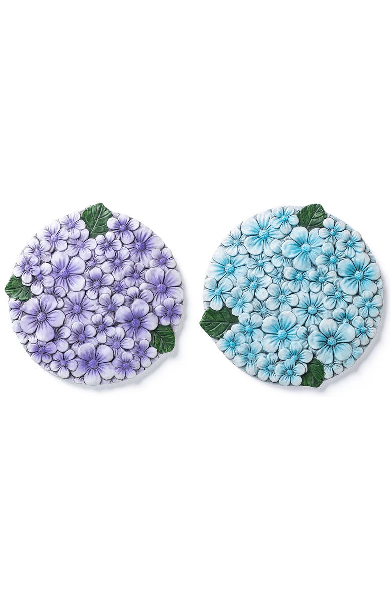 Glitzhome Set of 2 Cement Blue and Purple Hydrangea Textured Stepping Stones, Main, color, Blue