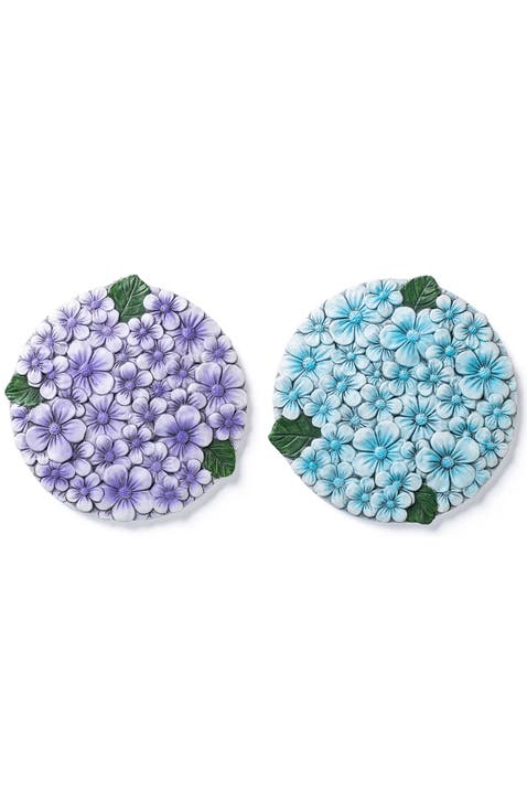 Set of 2 Cement Blue and Purple Hydrangea Textured Stepping Stones