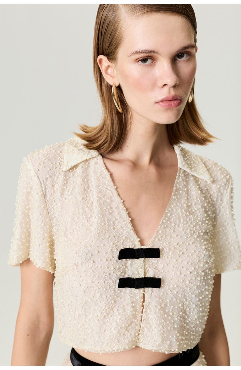 Nocturne Pearl Embellished Bow Crop Blouse, Alternate, color, Beige