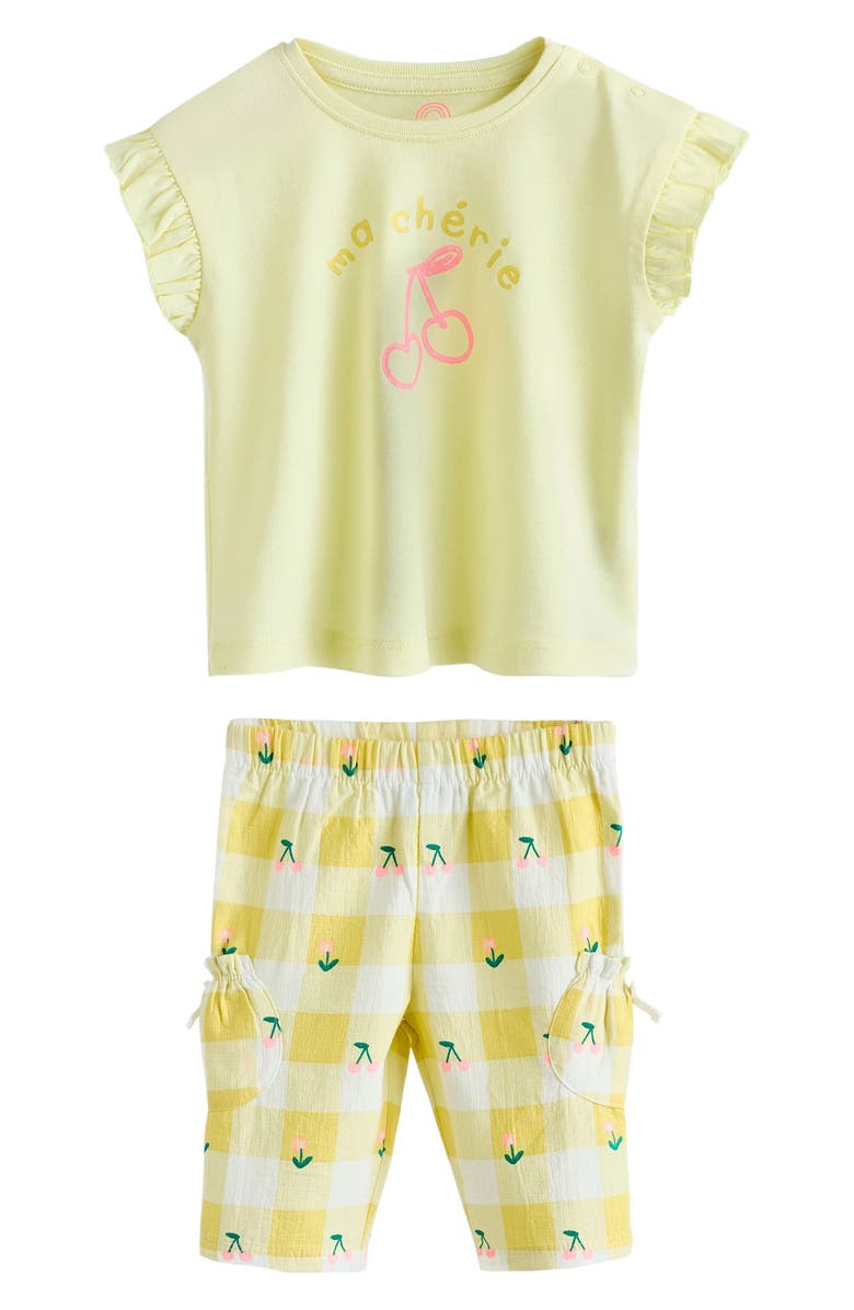 NEXT Ma Cherie Graphic Cotton T-Shirt & Gingham Pants Set, Main, color, Yellow