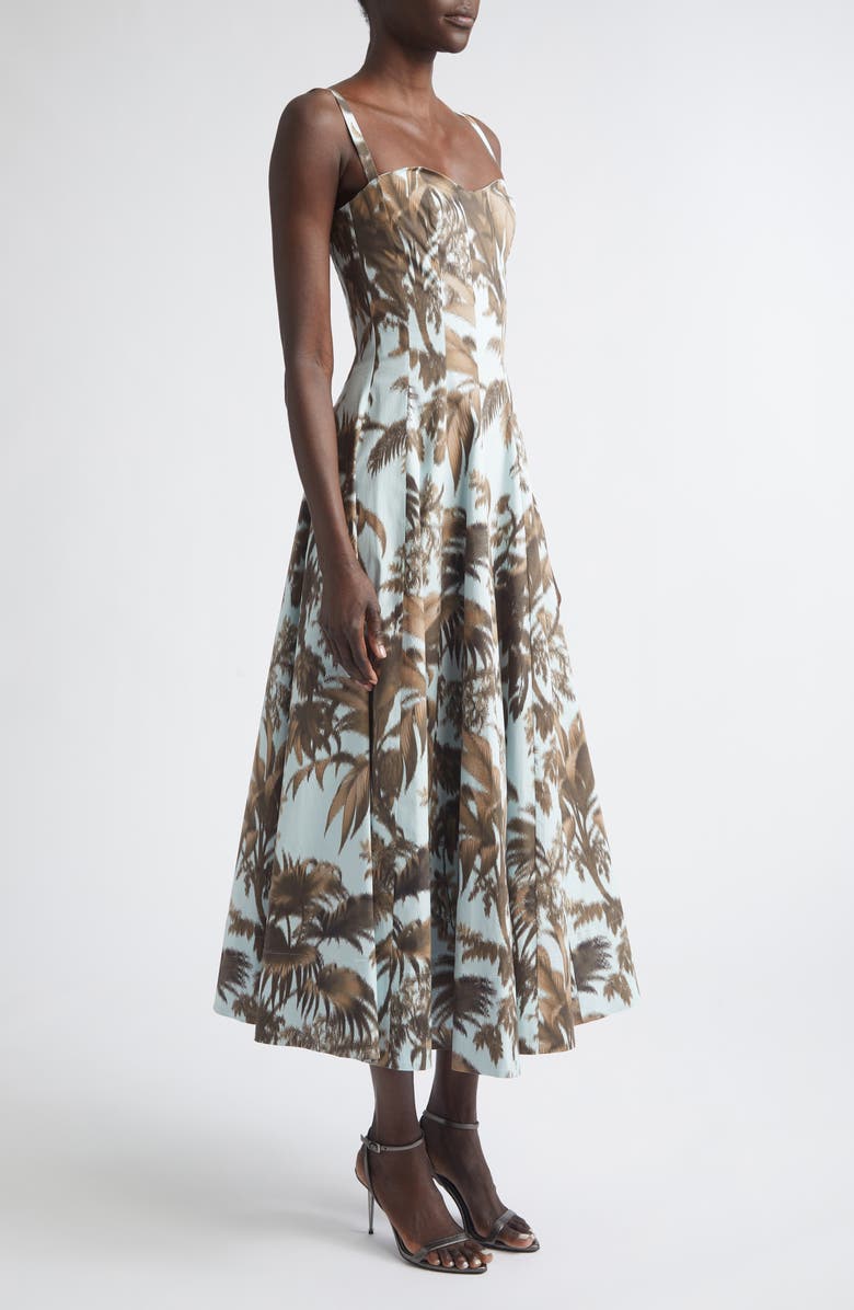 Oscar de la Renta Chiné Palm Leaves Cotton Poplin Sundress, Alternate, color, Brown/ Saltwater