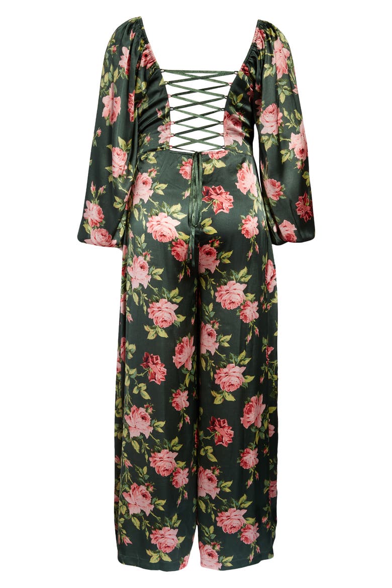Curve Floral Satin Jumpsuit, Alternate, color, GREEN