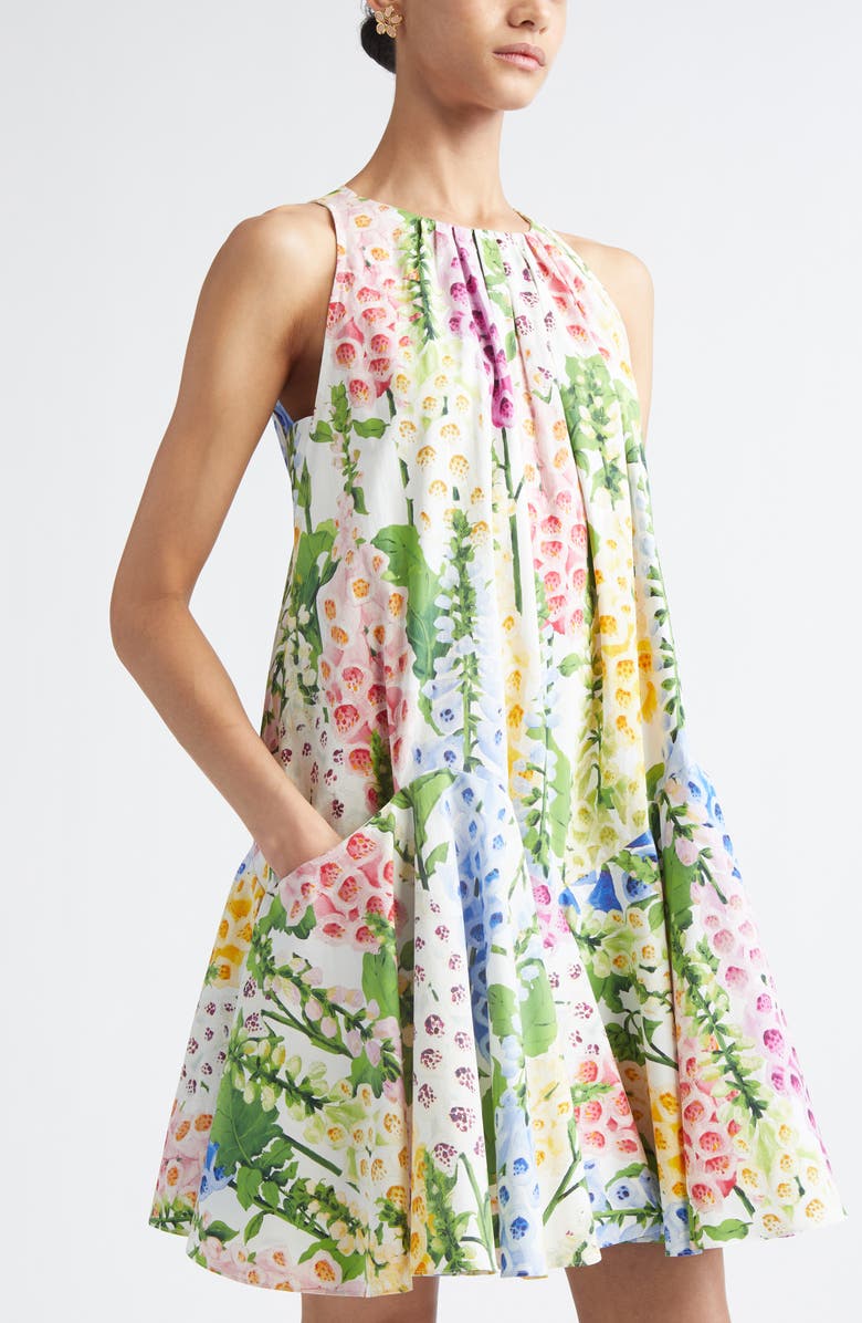 Oscar de la Renta Foxglove Print Sleeveless Stretch Cotton Dress, Alternate, color, White Multi