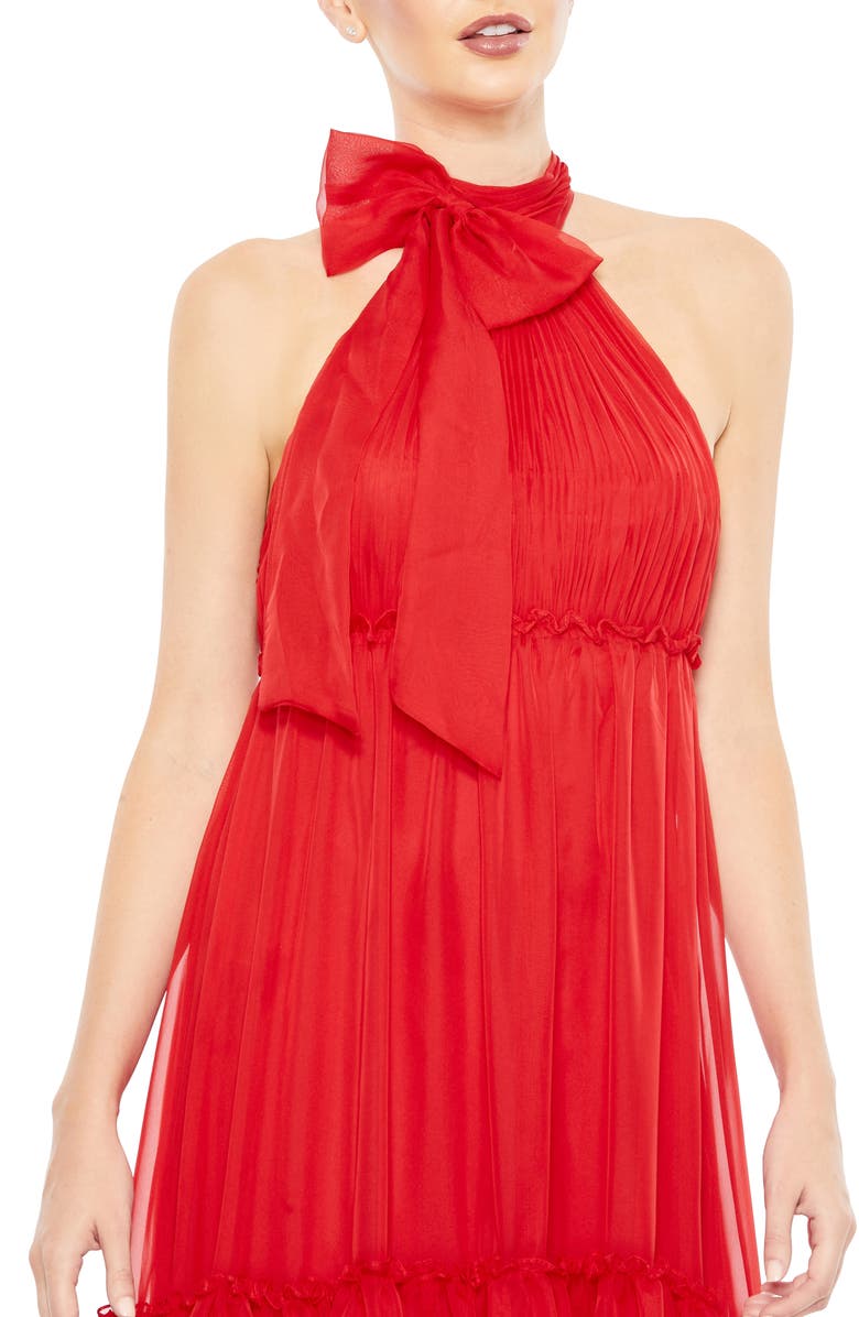 Mac Duggal Ruched Tiered High Neck Bow A Line Gown, Alternate, color, Red