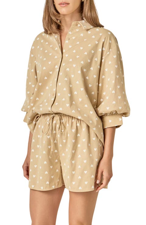 Heart Embroidered Corduroy Button Up Shirt