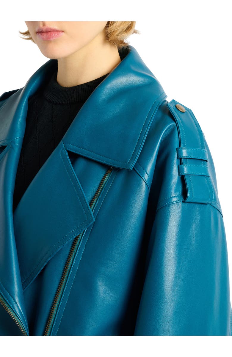 Balmain Lambskin leather biker jacket, Alternate, color, Blue