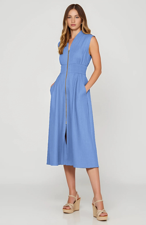 Modenaire Zip Front Midi Dress With Cap Sleeves And Smocked Waist In Blue