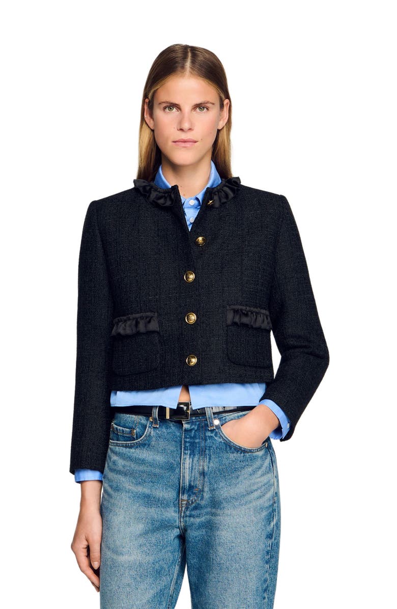 SANDRO Ruffled tweed jacket, Alternate, color, Black