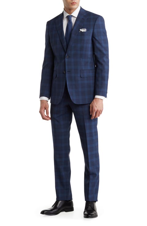 Plaid Two Button Notch Lapel Trim Fit Wool Blend Suit