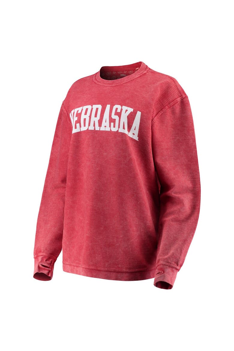 Women's Pressbox Scarlet Nebraska Huskers Comfy Cord Vintage Wash Basic Arch Pullover Sweatshirt, Main, color, Scarlet