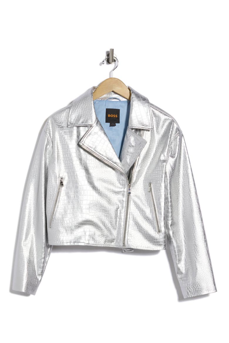 Croc Embossed Faux Leather Moto Jacket, Alternate, color, SILVER