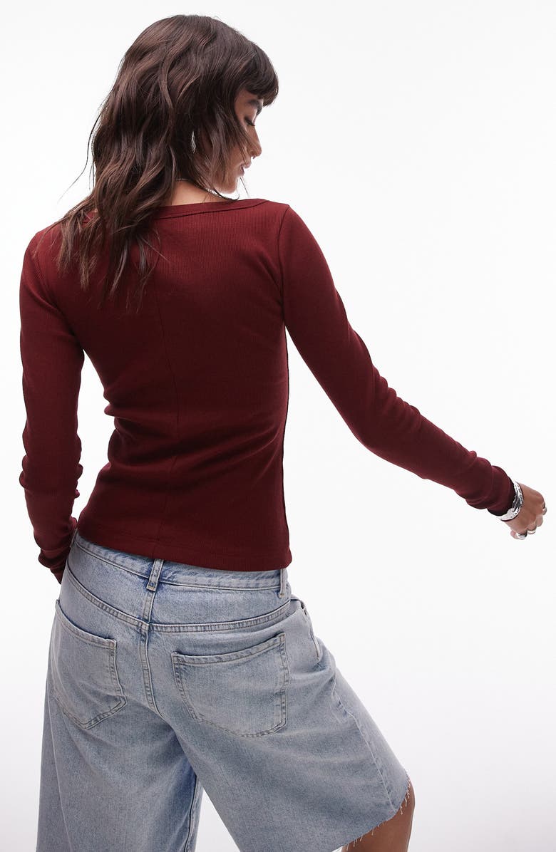 Topshop Square Neck Long Sleeve Cotton Rib T-Shirt, Alternate, color, Burgundy
