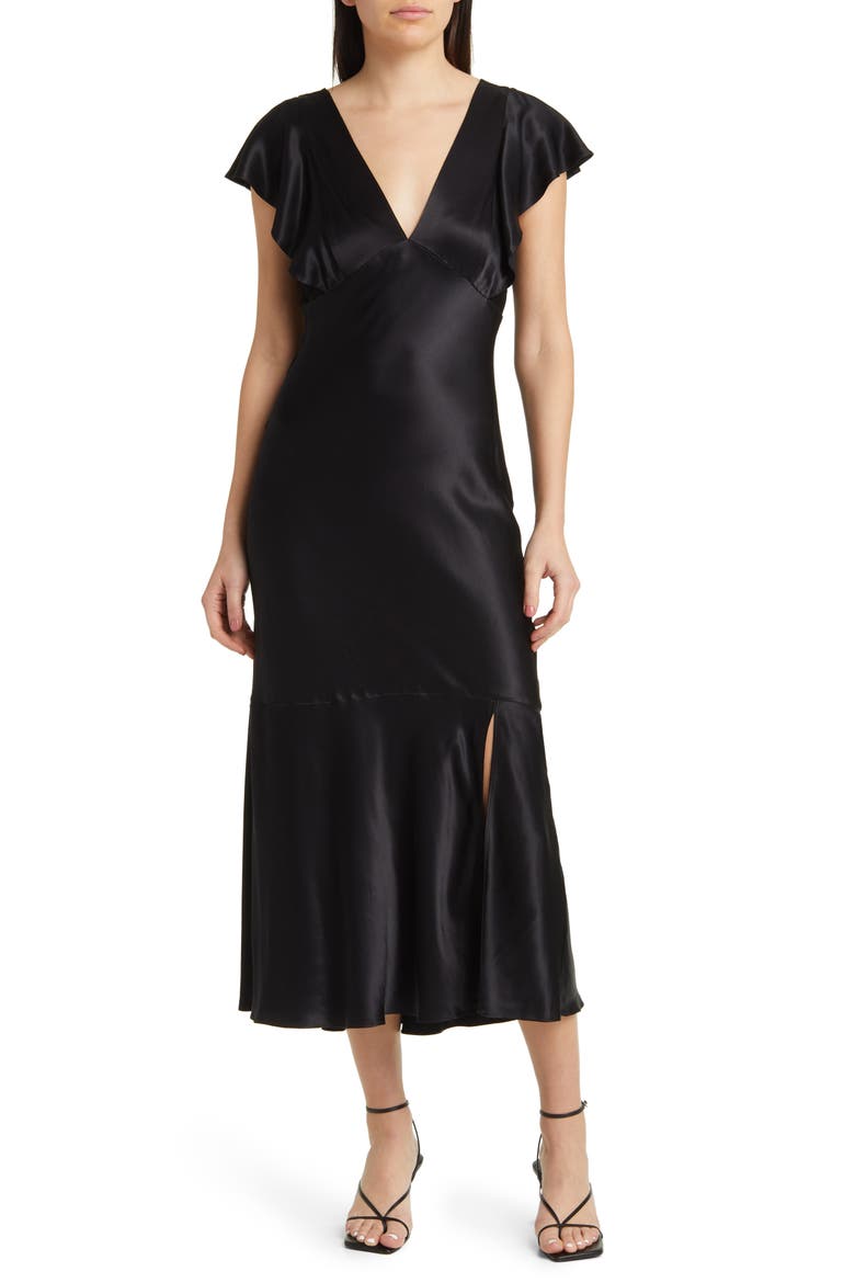 Dina Flutter Sleeve Midi Dress, Main, color, BLACK