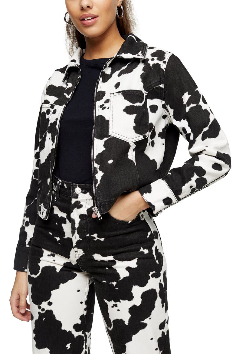 Cow Print Denim Jacket, Main, color, WHITE MULTI