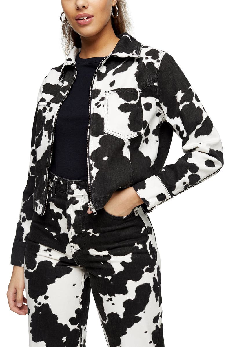 Topshop Cow Print Denim Jacket, Main, color,