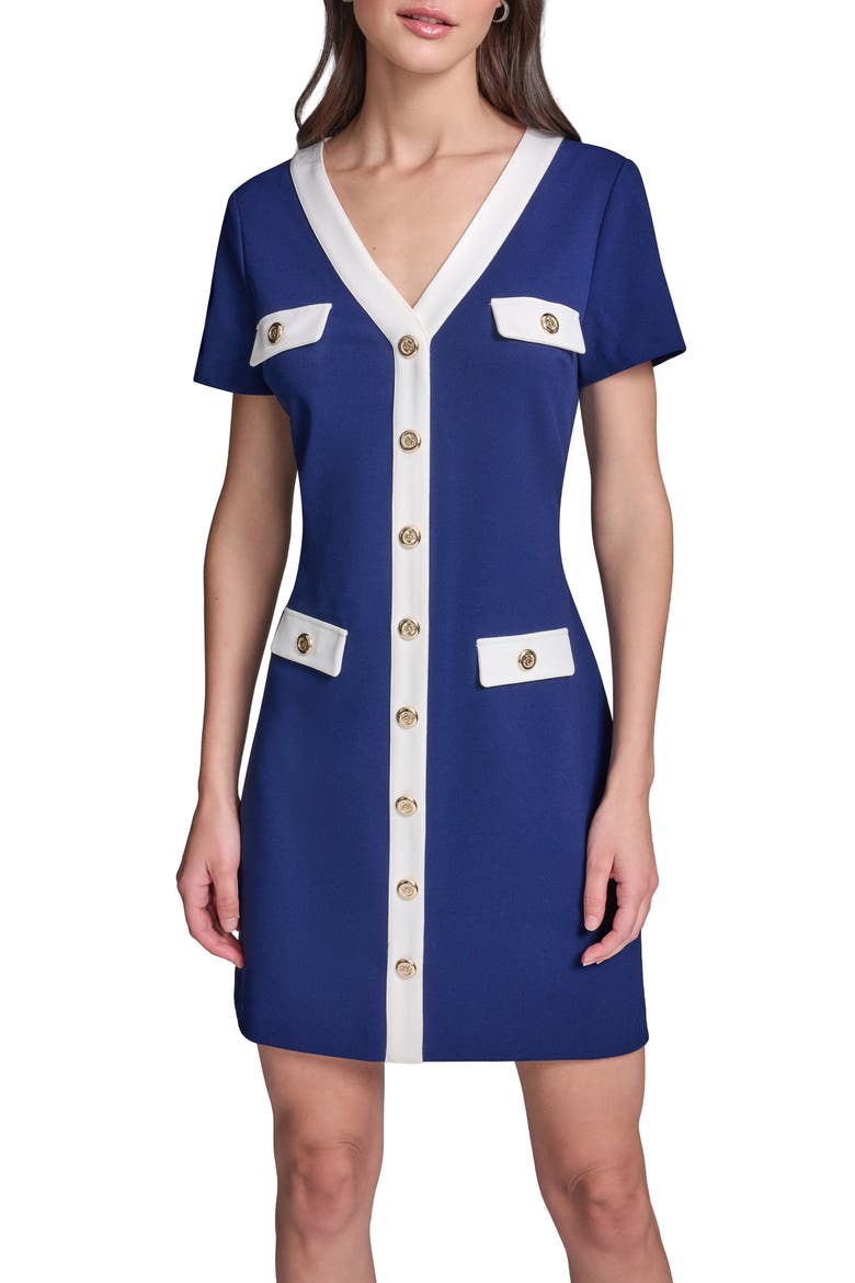 Short Sleeve Scuba Crepe Dress, Alternate, color, MARITIME/ SOFT WHITE