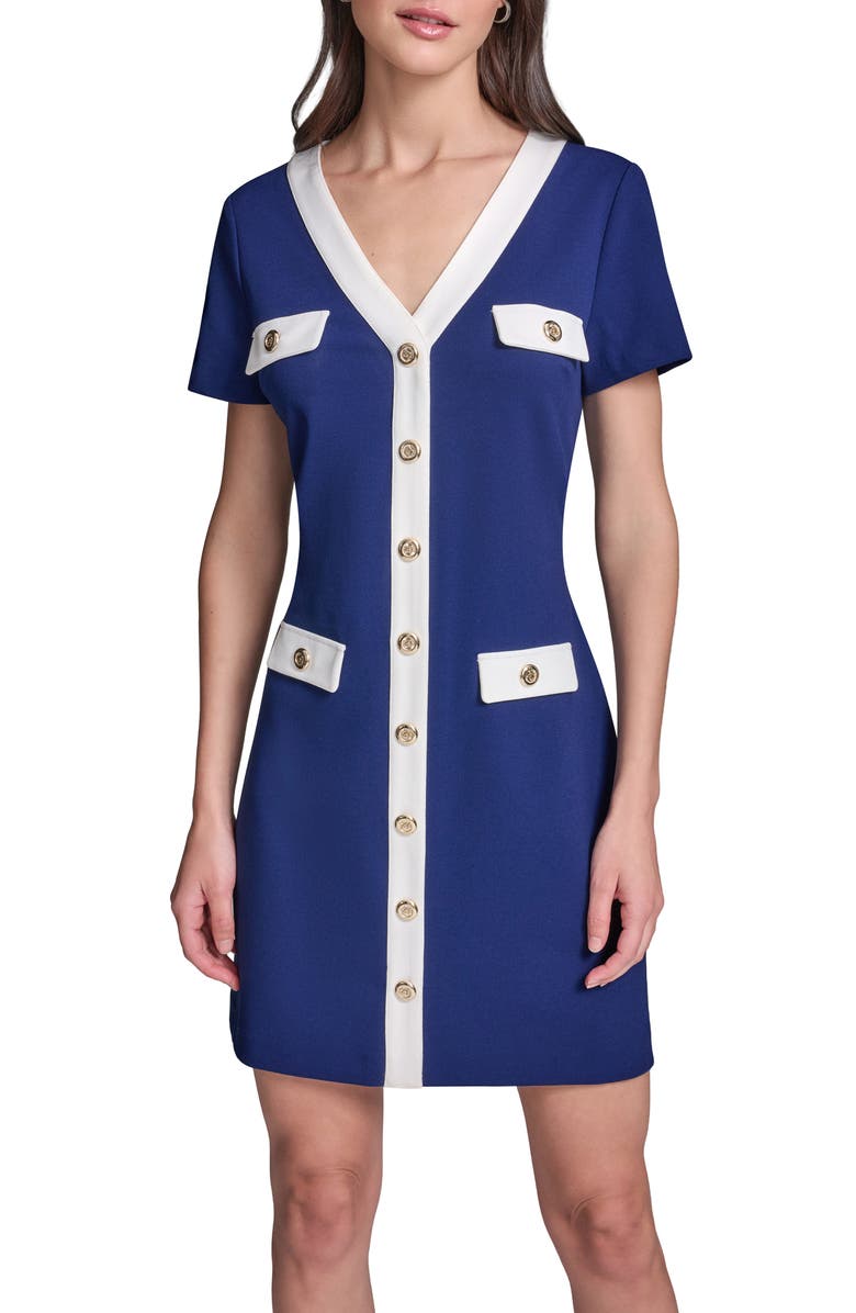 KARL LAGERFELD Short Sleeve Scuba Crepe Dress, Alternate, color, Maritime/ Soft White