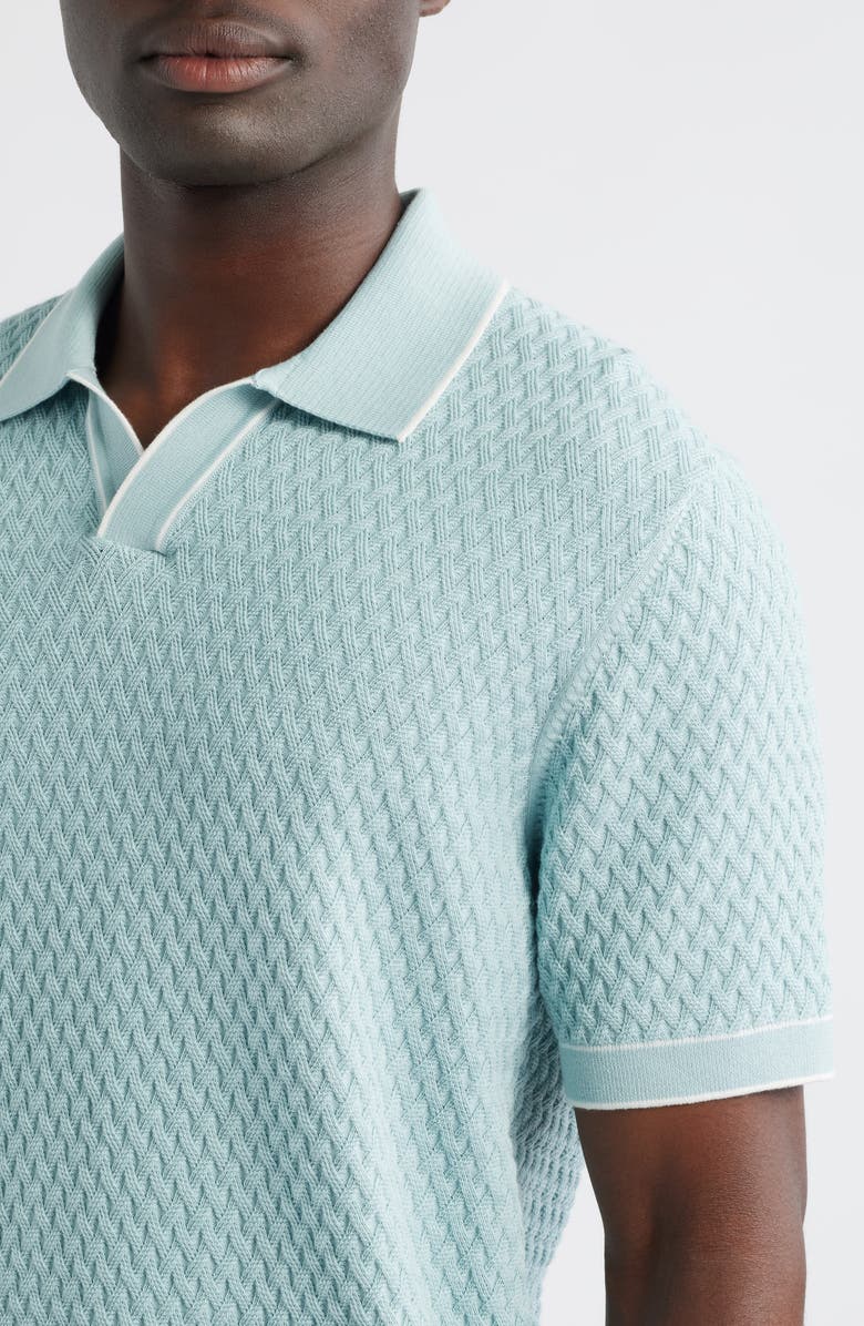 Bugatchi Johnny Collar Basket Stitch Cotton Blend Polo Sweater, Alternate, color, Seafoam