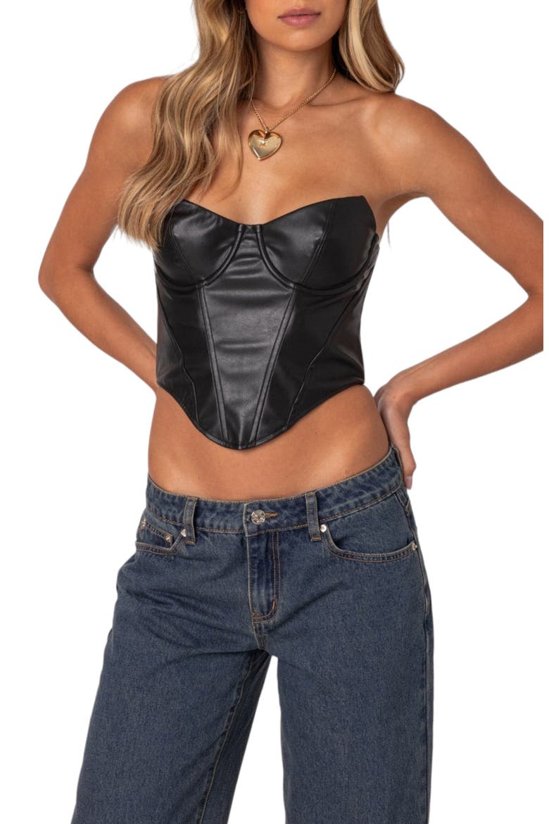 Aberdeen Faux Leather Strapless Crop Top, Main, color, BLACK