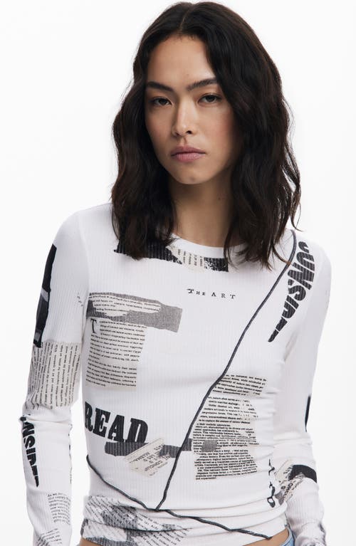 Desigual Mixed Print Long Sleeve Knit Top In White