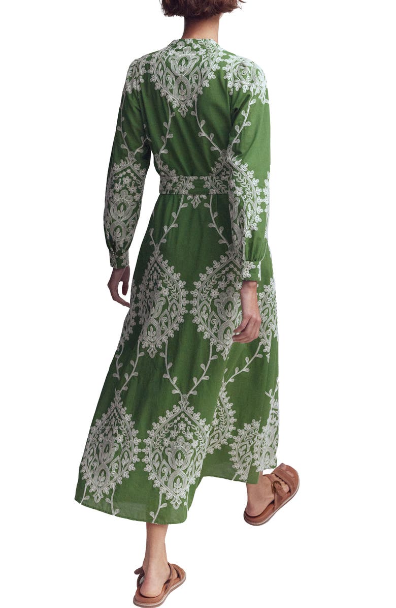 Boden Ava Embroidered Long Sleeve Cotton Midi Dress, Alternate, color, Green Broderie