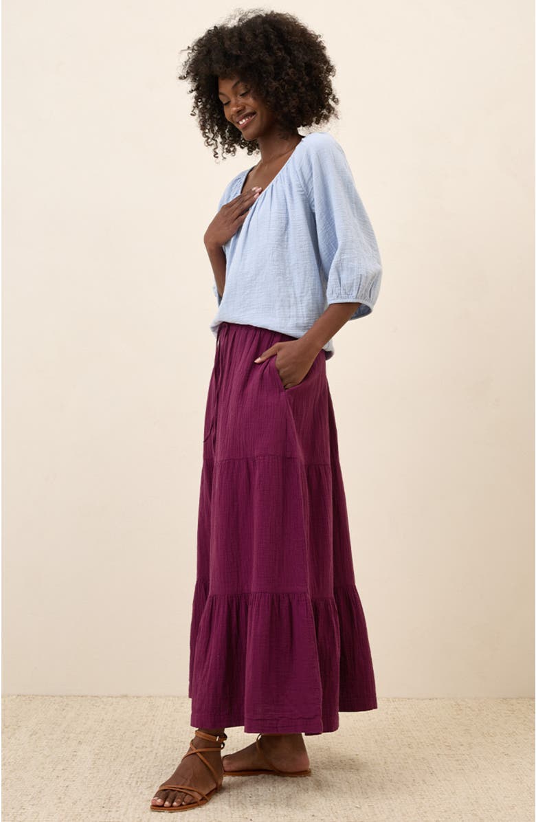 Pact Organic Cotton Coastal Double Gauze Tiered Maxi Skirt, Alternate, color, Sangria