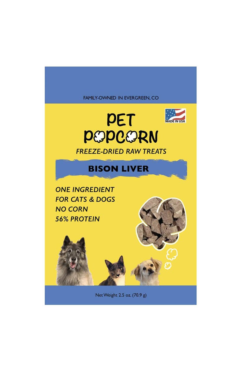 Pet Popcorn Freeze Dried Raw Treats, Bison Liver, 2.5oz Bag, Dog & Cat Snacks, Main, color, Multicolored