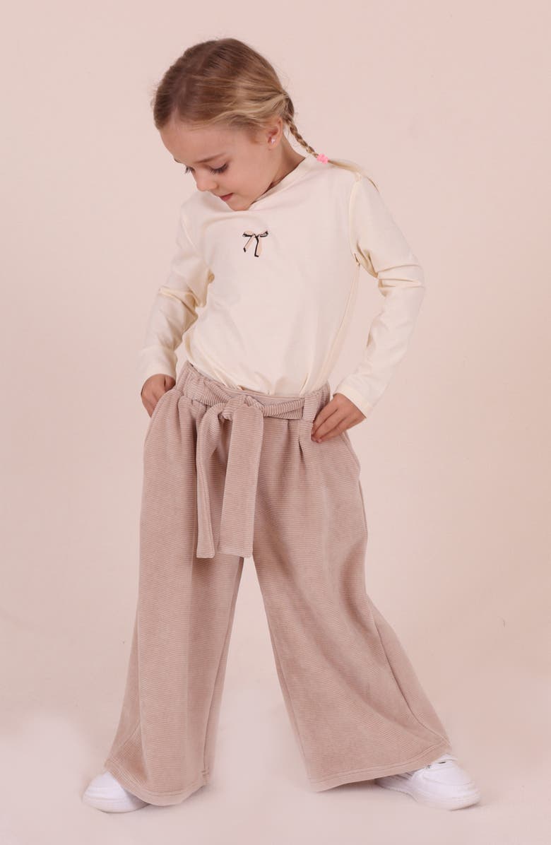 TINY TRIBE Kids' Tie Belt Cotton Blend Wide Leg Pants, Alternate, color, Mocha