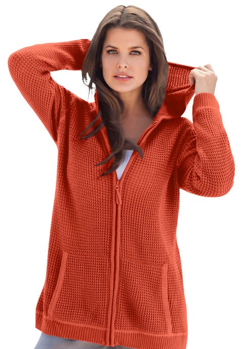 Plus Size Waffle Knit Zip-Front Relaxed Hoodie (Plus)