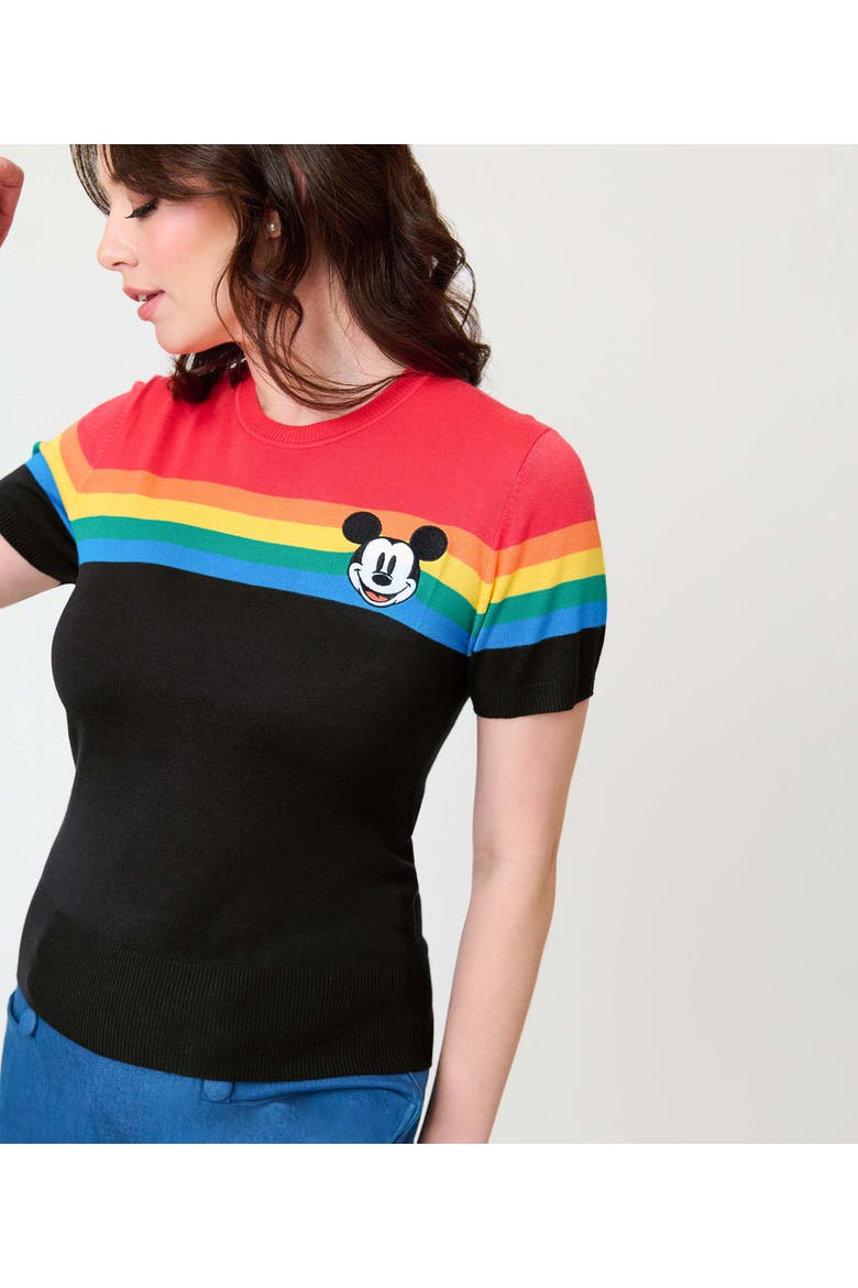 Patterned Short Sleeve Sweater, Alternate, color, Black Rainbow Mickey