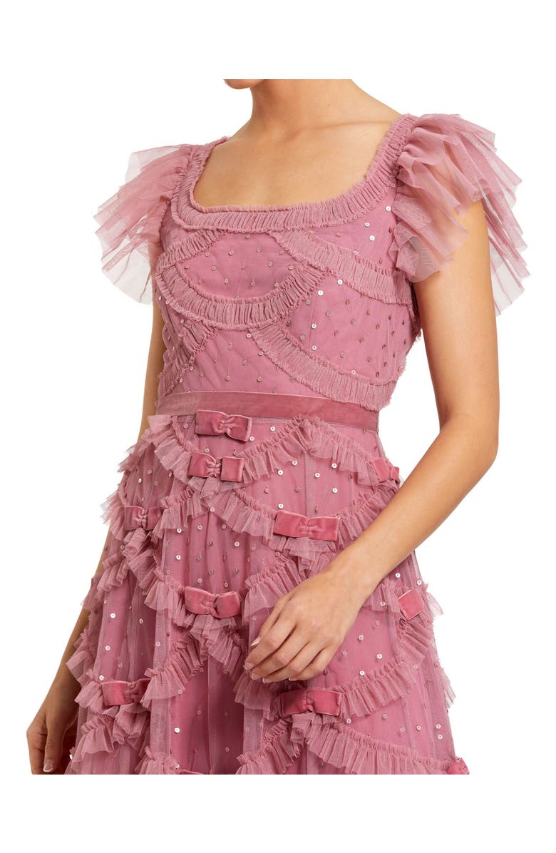 Mac Duggal Sequin Ruffle Net Dress with Velvet Bow & Flutter Sleeves, Alternate, color, Antique Rose