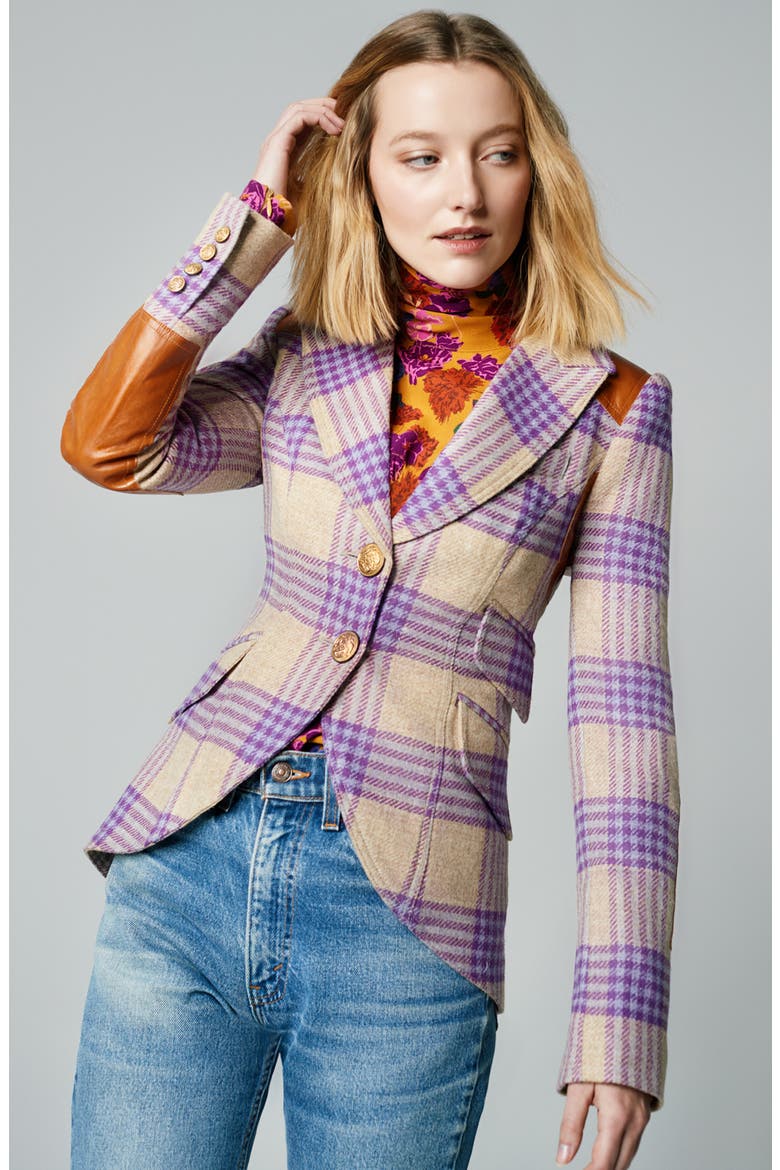 Plaid Leather Rifle Patch Wool Equestrian Blazer, Alternate, color, ORCHID PLAID
