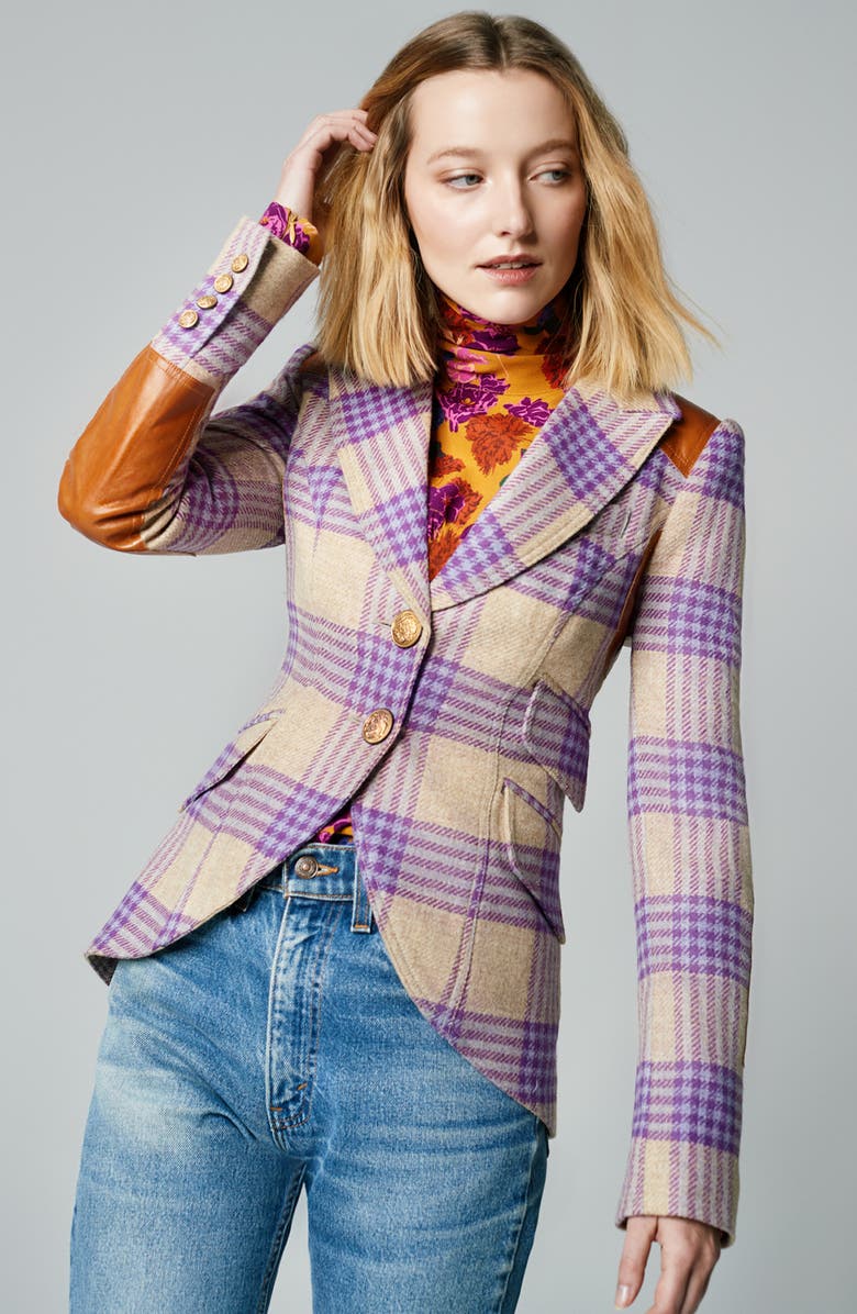 Smythe Plaid Leather Rifle Patch Wool Equestrian Blazer, Alternate, color,