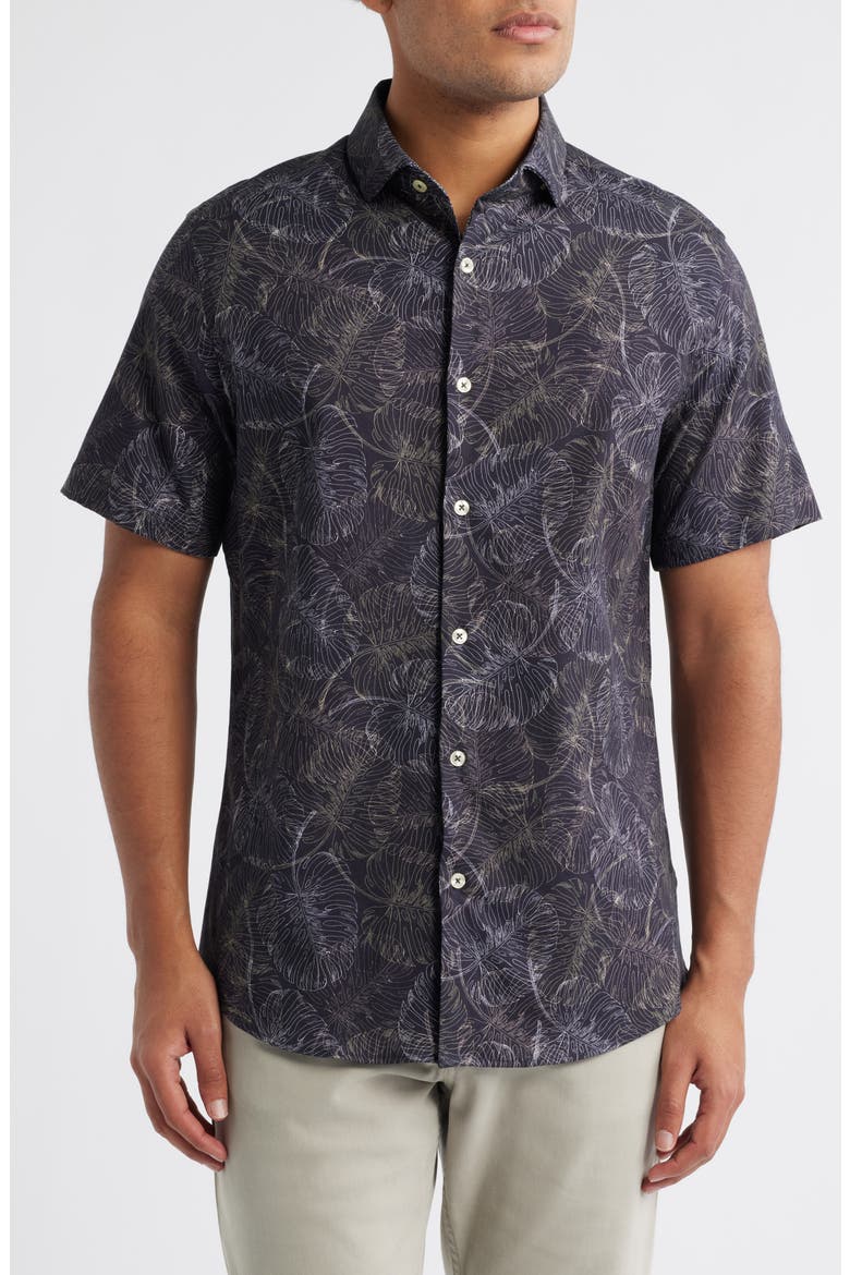 Jungle Monstera Palm Leaf Print Short Sleeve Stretch Cotton Blend Button-Up Shirt, Main, color, BLACK